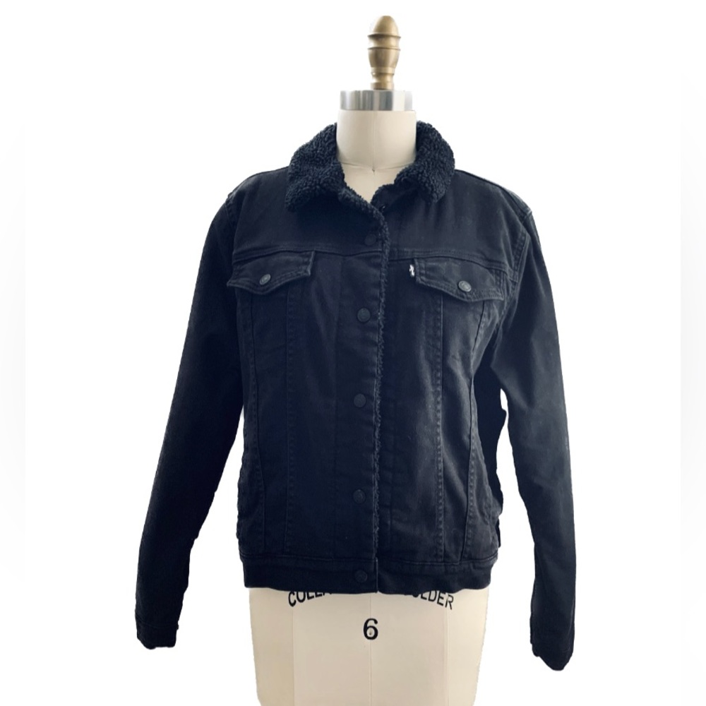 LEVI STRAUSS • Sherpa Lined Trucker Black Denim Jean Jacket - Kids Size XL